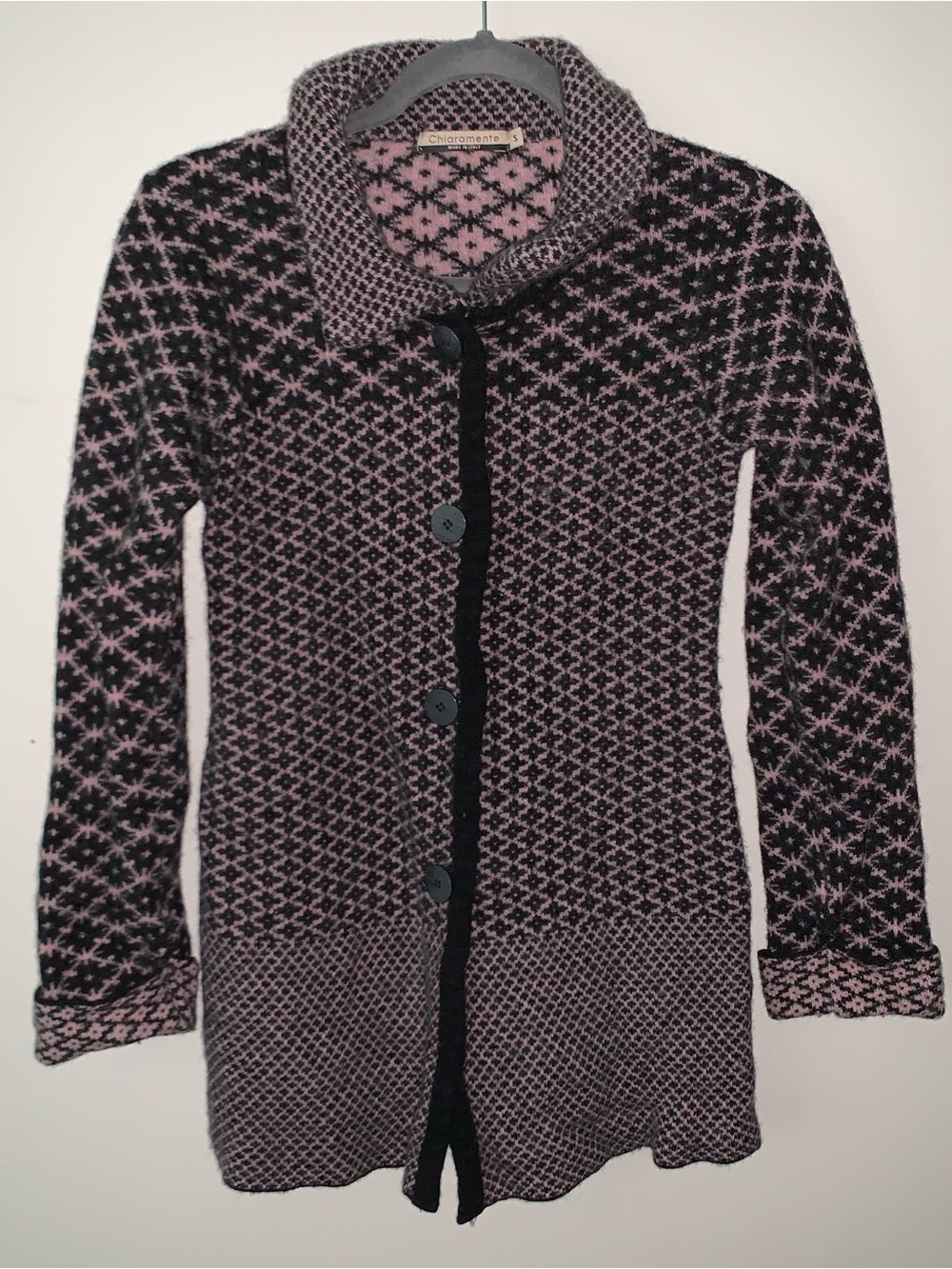 Chiaramente Pink and Black Knit Button-Front Wool blend Cardigan